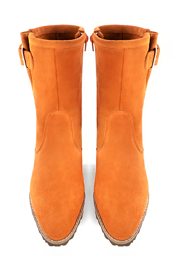 Apricot orange women's ankle boots with buckles on the sides. Round toe. Medium block heels. Top view - Florence KOOIJMAN